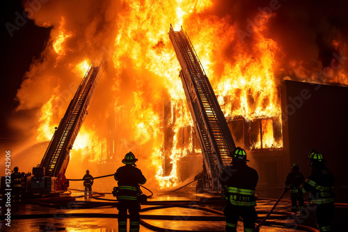 Firefighters work tirelessly to extinguish a large fire engulfing a commercial building. Bright flames illuminate the dark night as crews use hoses and ladders to protect nearby structures photo