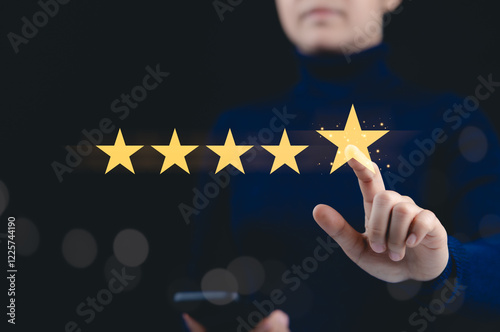 Customer Satisfaction Five-Star Rating Concept. A woman rating a service or product with a glowing five-star review, high customer satisfaction, and positive feedback. consumer experience evaluation, photo