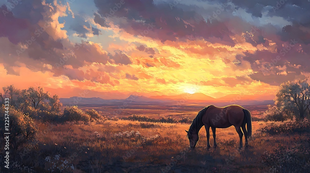Domestic horse grazing in a field under a sunset Domestic horse grazing in a field under a sunset