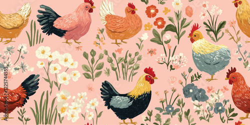 Vector seamless patterns, Farm Pattern with Chickens and Hens, Hand-drawn vector poultry. Spring season concept, Easter, nature