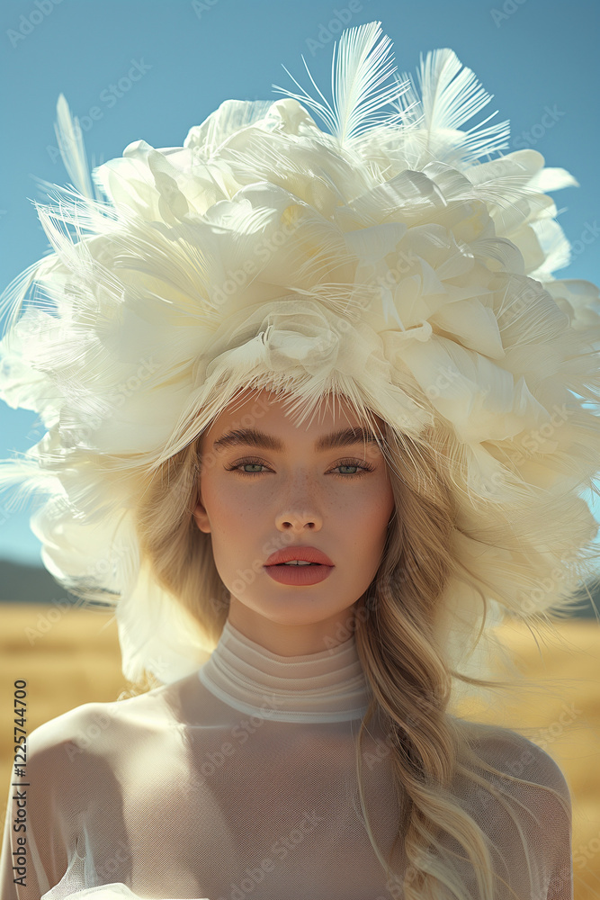 A woman in a sheer white dress and a feathered headpiece gazes into the distance. Ethereal fashion portrait set against an open field with golden light. A woman in a sheer white dress and a feathered headpiece gazes into the distance. Ethereal fashion portrait set against an open field with golden light.
