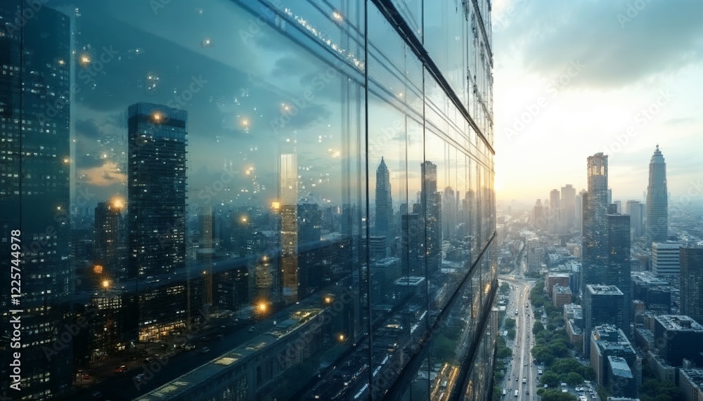 Fototapeta premium Sparkling clean high-rise window with cityscape reflection for spring window cleaning