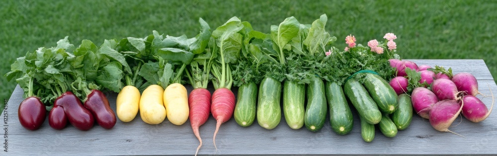A variety of fresh spring vegetables is displayed neatly on a wooden table under clear blue skies, showcasing their vibrant colors and textures. The outdoor setting enhances their natural appeal