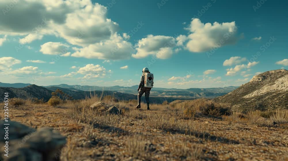 An Astronaut Standing Alone and Isolated in a Vast, Breathtaking Alien Landscape Beneath a Bright Blue Sky Up Above An Astronaut Standing Alone and Isolated in a Vast, Breathtaking Alien Landscape Beneath a Bright Blue Sky Up Above