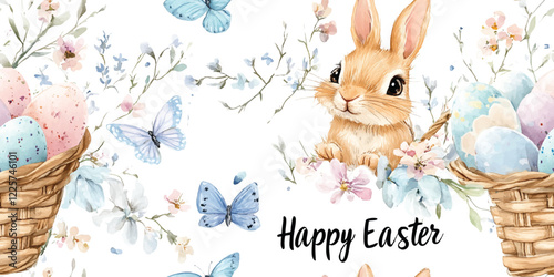 Happy Easter. Vector seamless patterns with rabbits, eggs and flowers. Vector designs, seamless festival spring pattern