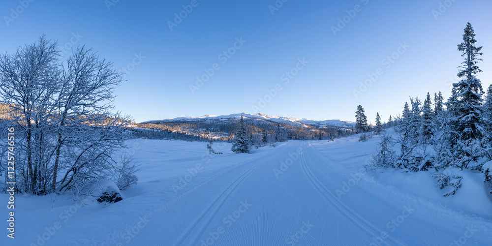 A picturesque view of Gausta ski resort featuring cross country tracks surrounded by snow-laden trees and mountains under a clear blue sky. A picturesque view of Gausta ski resort featuring cross country tracks surrounded by snow-laden trees and mountains under a clear blue sky.