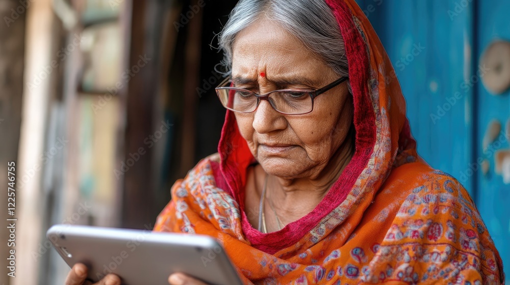 An Elderly Woman in a Red and Orange Sari Using a Tablet An Elderly Woman in a Red and Orange Sari Using a Tablet