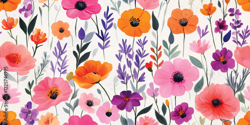 Trendy floral seamless pattern, flower background illustration. Colorful flowers nature backgrounds with spring plants, Vector floral seamless pattern. Bright colors, gouache painting