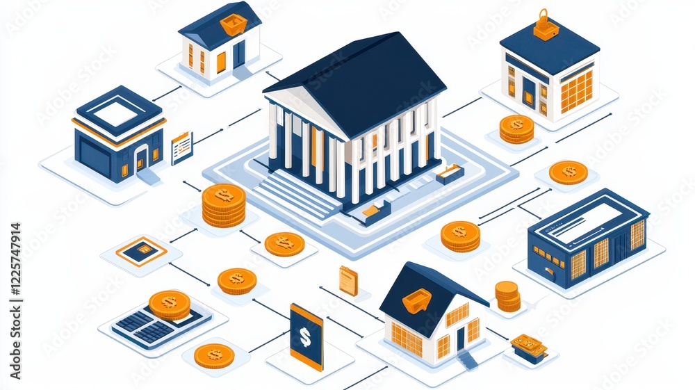 Obraz premium A digital illustration depicting a bank surrounded by various buildings and coins, symbolizing finance and economic transactions.