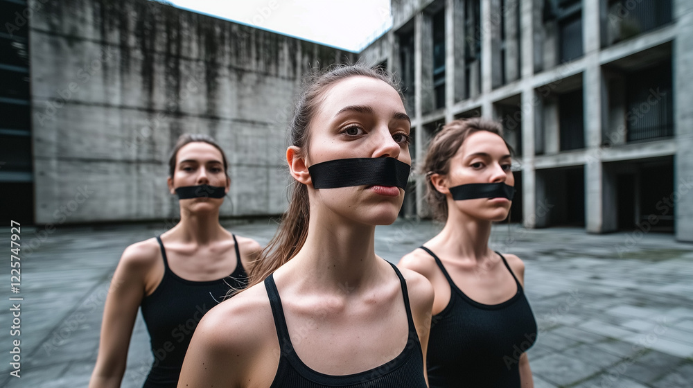 Naklejka premium Three Women Silenced: A Powerful Protest Against Censorship and Social Injustice