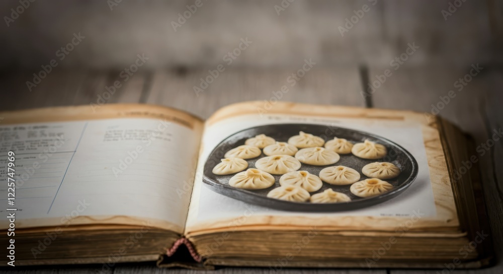 Open cookbook displaying dumpling recipe on rustic wooden surface Open cookbook displaying dumpling recipe on rustic wooden surface