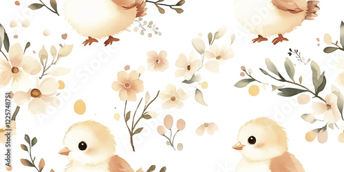 Easter yellow chicks illustration on a seamless vector pattern, ideal for decorative designs. Cute baby birds, spring vibes, and floral accents for creative and holiday crafting