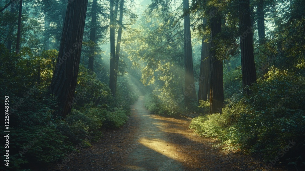 Fototapeta premium Well-trodden forest trail surrounded by tall trees in national park, with sunlight filtering through canopy casting soft light on path peaceful scene evokes sense tranquility connection with nature