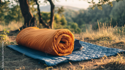 Photo of a sleeping bag unrolled on a camping mat in the wilderness. photo