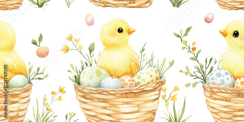 Easter yellow chicks basket illustration on a seamless vector pattern, ideal for decorative designs. Cute baby birds, spring vibes, and floral accents for creative and holiday crafting
