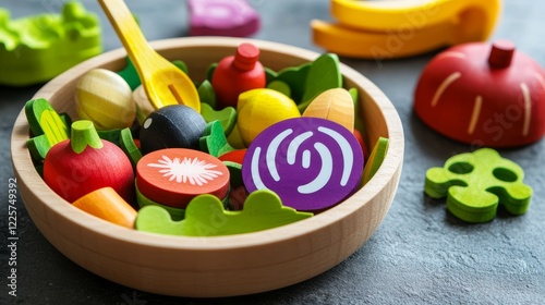 Bowl with salad ingredients Wooden fruit and vegetables play set Educational toys Cute kids toys to play in the kitchen Healthy food concept
