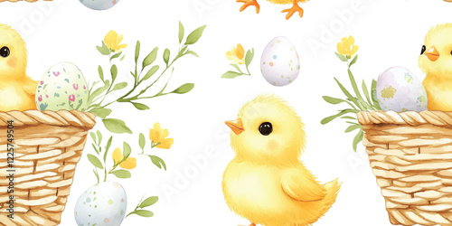Easter yellow chicks basket illustration on a seamless vector pattern, ideal for decorative designs. Cute baby birds, spring vibes, and floral accents for creative and holiday crafting