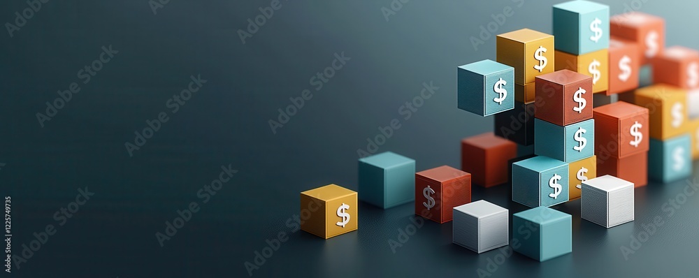 Obraz premium Colorful blocks with dollar signs create a dynamic financial theme, suggesting growth and investment concepts on a dark background.