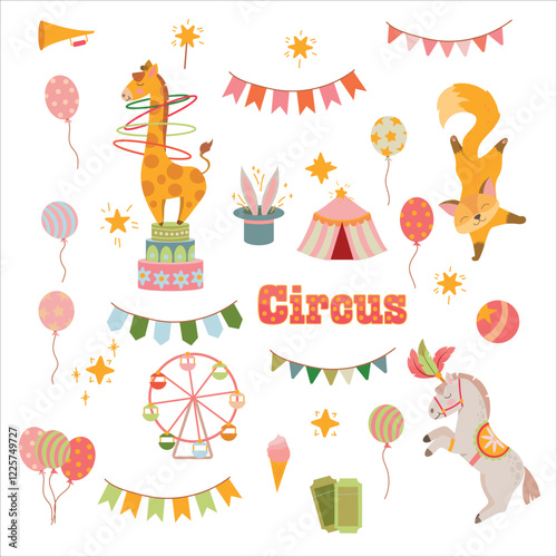 Circus. Circus animals actors. Mobile Fair. Holiday. Performance. Tricks. Attributes of a circus show. Decorations for the holiday. Vector illustration