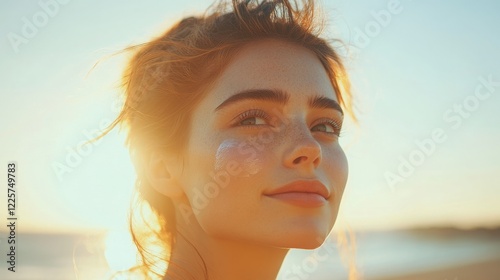 A woman applying sunscreen on her face while standing outdoors, with a beach clear sky in the background. Bright sunlight highlights her healthy skin, showcasing refreshing summer skincare routine photo