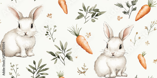 Happy Easter. Vector seamless patterns with rabbits, and carrot plants. Vector designs, seamless festival spring pattern