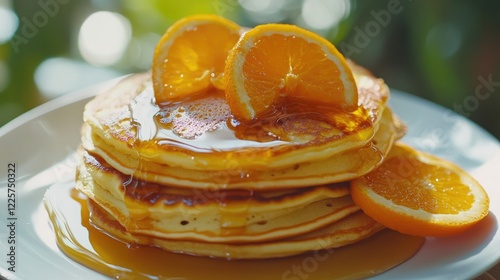 Homemade French pancakes, Crepe Suzette, topped with orange syrup, create a delicious and zesty breakfast treat with space for text. photo