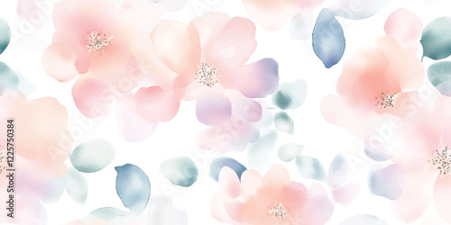 Pink watercolor flowers seamless pattern white background