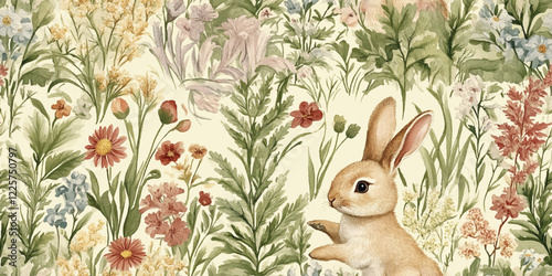 Seamless pattern. Vintage vector illustration. Bunnies and plants are among the flowers
