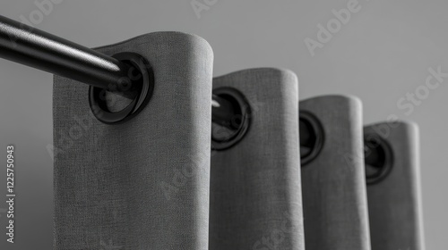 Black curtain rod holding gray curtains with grommets