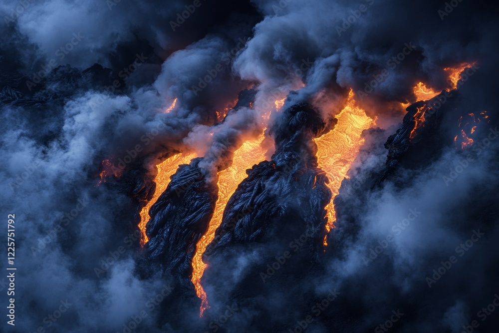 Lava flows brightly in the darkness, surrounded by thick smoke and intense heat. The glowing molten rock creates a breathtaking contrast against the night sky at a volcanic location Lava flows brightly in the darkness, surrounded by thick smoke and intense heat. The glowing molten rock creates a breathtaking contrast against the night sky at a volcanic location