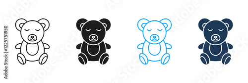 Sleeping Teddy Bear Line and Silhouette Icon Set. Childhood Comfort and Bedtime Toy Symbol. Cozy Plush Toy for Bedtime Rest. Editable Stroke. Isolated Vector Illustration