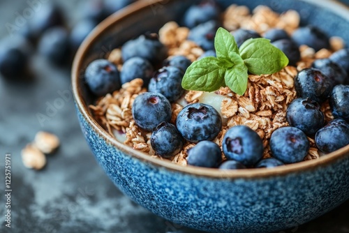 A bowl of granola with blueberries and a sprig of mint. photo