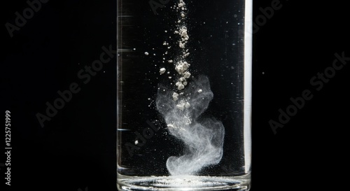 Powder dissolving in water inside a clear glass against black background