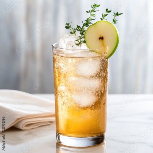 Crisp mocktail featuring freshly pressed apple juice served over ice with a slice of green apple and thyme garnish photo