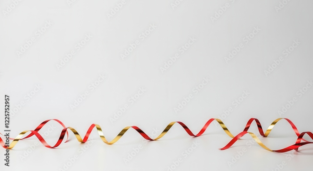 Red and gold ribbon twirls on white background
