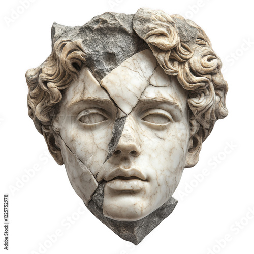 Antique broken marble head of a Greek youth isolated
