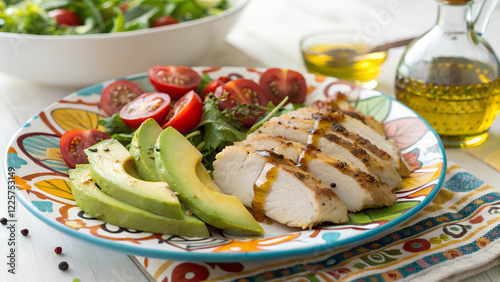 Grilled chicken with avocado, cherry tomatoes, and greens on a colorful plate, perfect for Atkins Diet recipes, low carb meal ideas, and promoting Atkins products