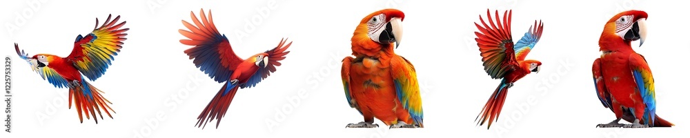 Naklejka premium Set, Collection of Scarlet macaw Isolated on Transparent Background PNG.