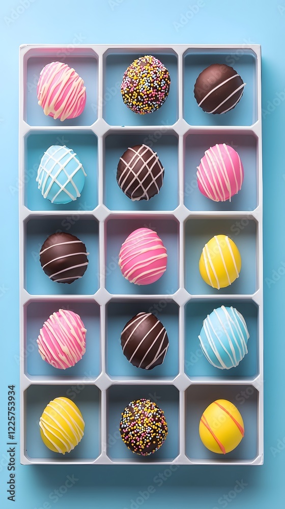 Fototapeta premium Assortment of colorful chocolate Easter eggs decorated with vibrant icing and sprinkles on tray against bright blue background. Celebrating festive joy of Easter traditions