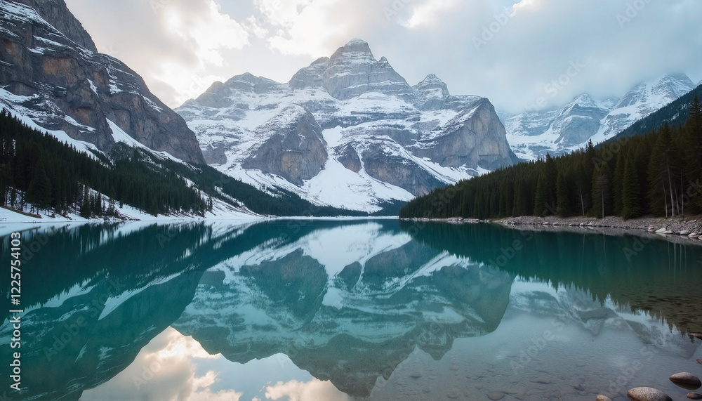 Fototapeta premium Mountain lake reflecting melting snowcaps nearby