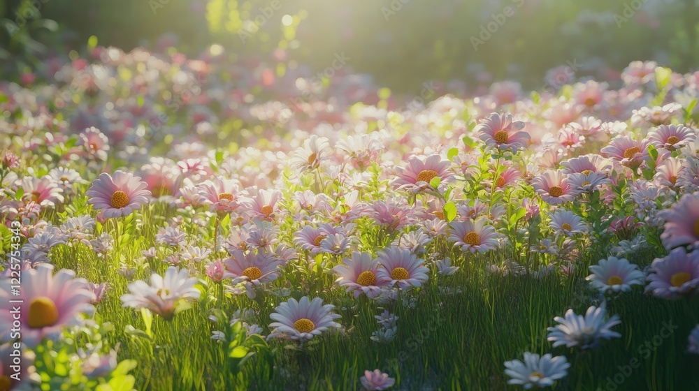 Obraz premium A vibrant field of daisies illuminated by soft sunlight, creating a serene and cheerful atmosphere.