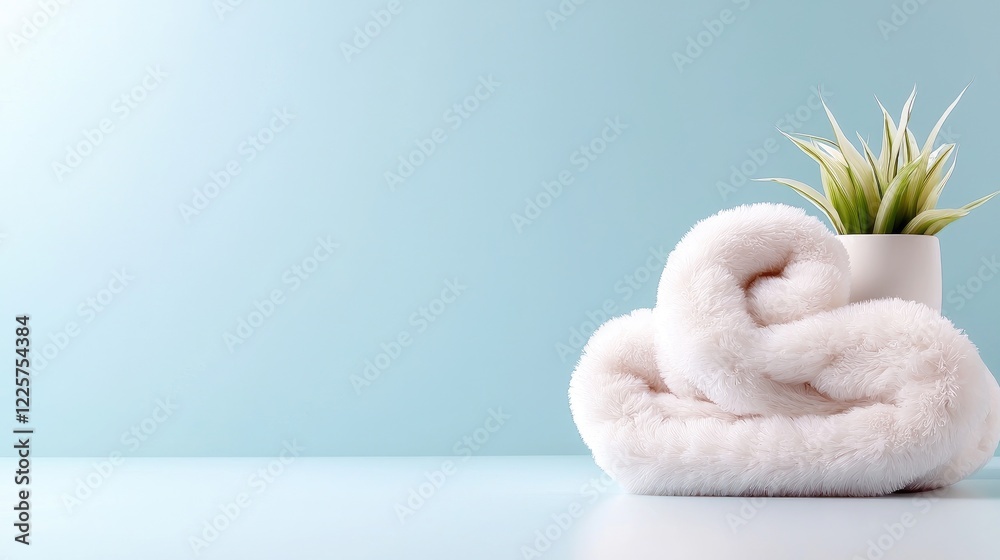 Soft towel, plant, blue background, spa setting, wellness Soft towel, plant, blue background, spa setting, wellness