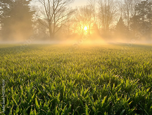 Misty spring meadow at sunrise with dewdrops on green grass