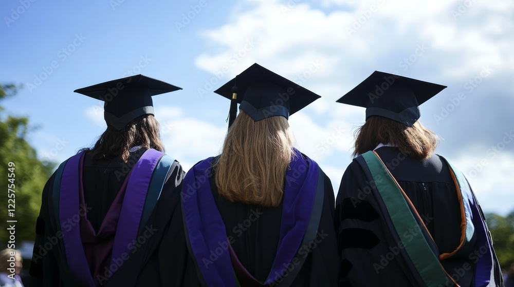 Rear view of three graduates standing in a line against blue sky Rear view of three graduates standing in a line against blue sky