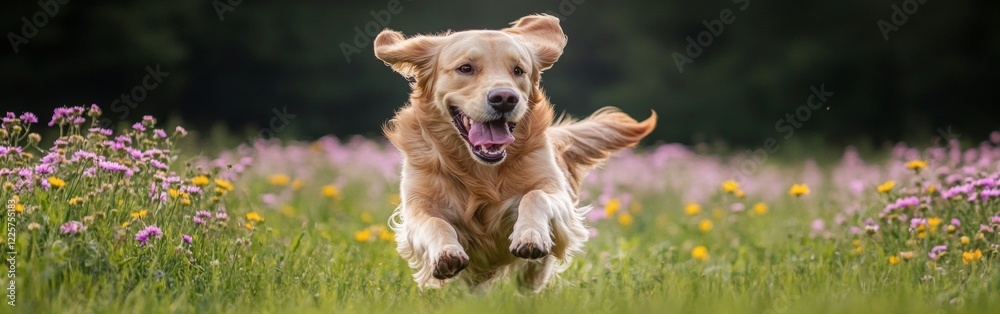 A golden retriever runs freely in a field filled with colorful wildflowers, embodying happiness and playfulness under a bright sky, surrounded by nature's beauty A golden retriever runs freely in a field filled with colorful wildflowers, embodying happiness and playfulness under a bright sky, surrounded by nature's beauty