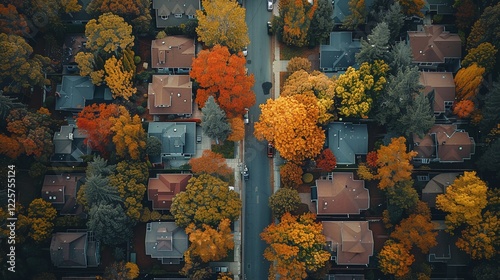 Fototapeta Naklejka Na Ścianę i Meble -  Aerial view of a charming neighborhood, colorful autumn foliage, tree-lined streets with small houses, vibrant seasonal colors, peaceful community, suburban beauty in fall

