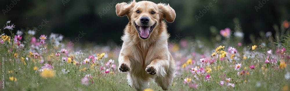 A golden retriever joyfully runs in a field filled with blooming wildflowers, showcasing its playful energy on a bright, sunny day in nature A golden retriever joyfully runs in a field filled with blooming wildflowers, showcasing its playful energy on a bright, sunny day in nature