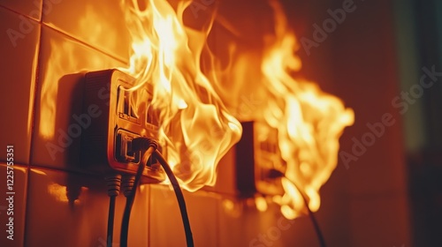 Electrical surge protector on fire due to an overloaded extension cord. photo