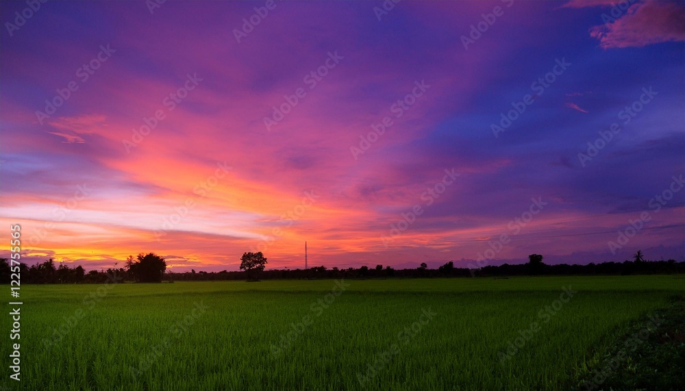 Fototapeta premium 보랏빛 저녁 하늘과 초록 들판