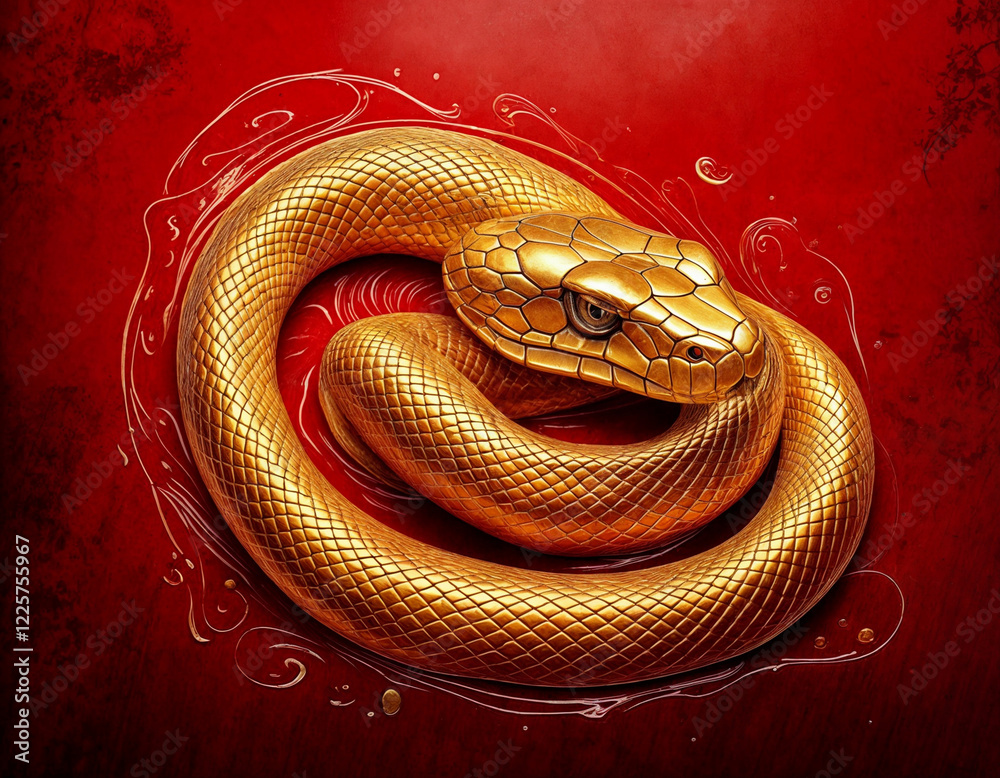 Obraz premium Goldene Schlange auf rotem hintergrund zum Chinesischen Neujahr - jahr der schlange